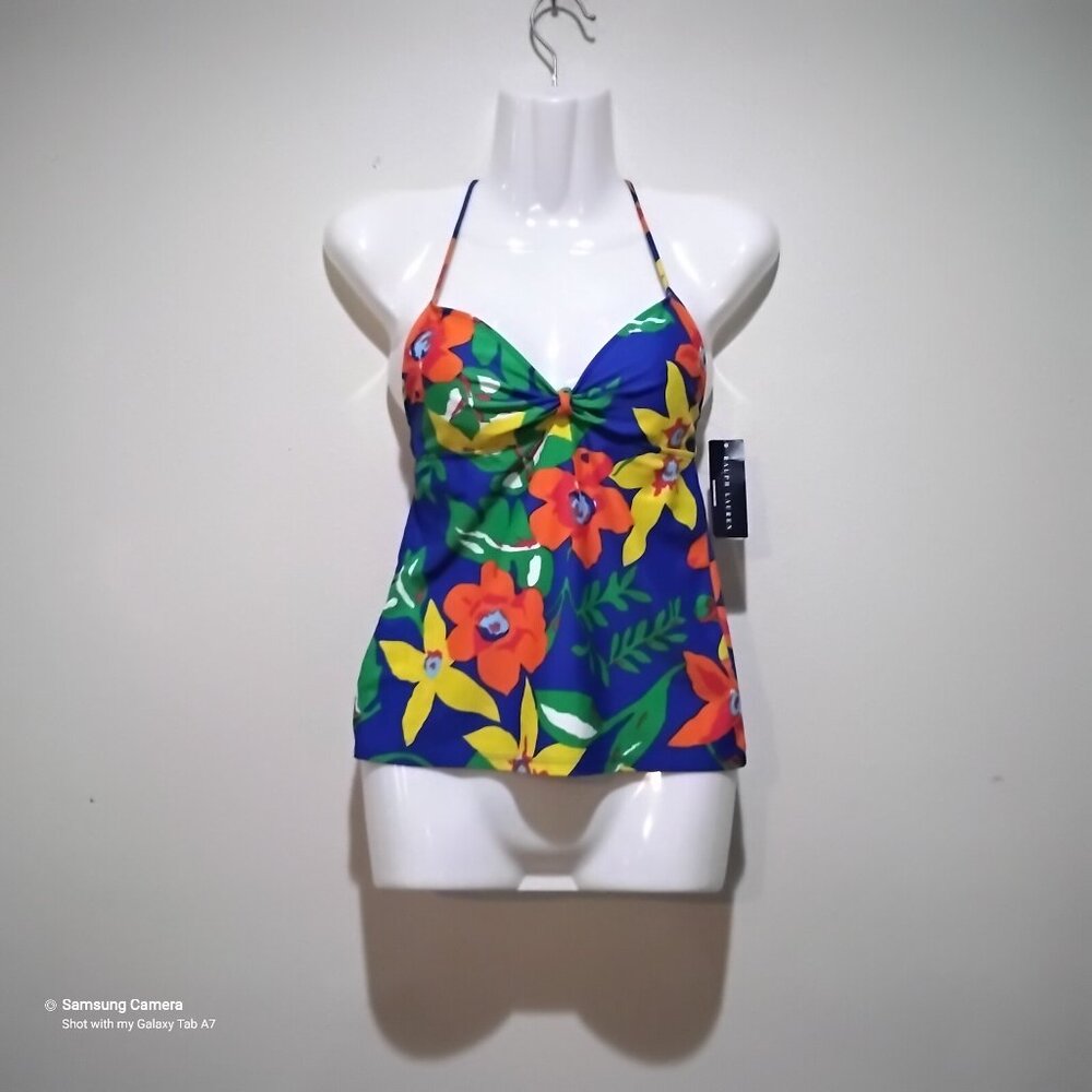 ABS Blue & Coral Swimwear Halter Racer-Back Tankini Top Separate NWT 6